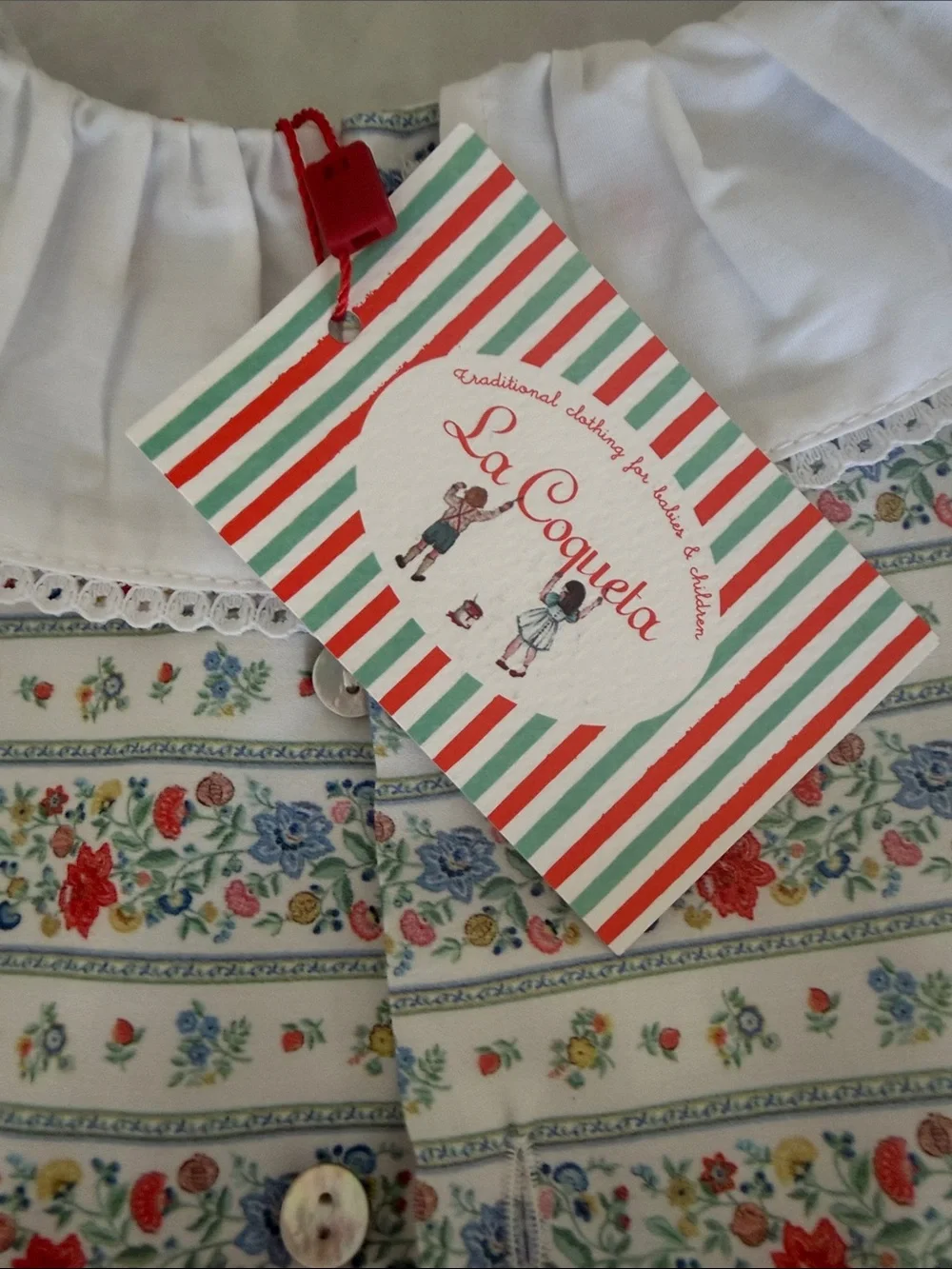 Girls' Floral Stripe Dress with Peter Pan Collar - White & Red
